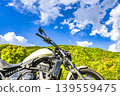 A white motorcycle stands out against the blue sky and the lush green mountains. 139559475