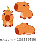 Baby collection of little capybara in different poses. Sweet baby animal in kawaii style. Set of cute cartoon pet. Can be used for t-shirt print, sticker, badge, greeting card design. Vector EPS8 139559560