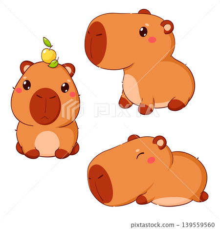 Baby collection of little capybara in different poses. Sweet baby animal in kawaii style. Set of cute cartoon pet. Can be used for t-shirt print, sticker, badge, greeting card design. Vector EPS8 139559560