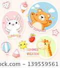 Summer set with cute animals in kawaii style. Can be used for t-shirt print, poster, badge, tag, sticker, card. Collection of stickers with funny bear, giraffe, bunny. Vector illustration EPS8 139559561