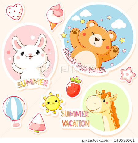 Summer set with cute animals in kawaii style. Can be used for t-shirt print, poster, badge, tag, sticker, card. Collection of stickers with funny bear, giraffe, bunny. Vector illustration EPS8 139559561