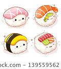 Set of cute sushi and rolls in kawaii style. Japanese traditional cuisine dishes. Can be used for t-shirt print, sticker, greeting card, menu design. Vector illustration EPS8 139559562