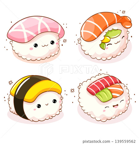 Set of cute sushi and rolls in kawaii style. Japanese traditional cuisine dishes. Can be used for t-shirt print, sticker, greeting card, menu design. Vector illustration EPS8 139559562