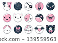 Set of eye-catching Halloween girly sticker in kawaii style. Cute Halloween collection of round badge with funny emoji, monster, cat. Collection of holiday gift tag, label, badge template. Vector EPS8 139559563