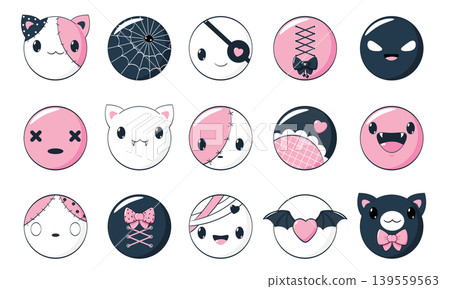 Set of eye-catching Halloween girly sticker in kawaii style. Cute Halloween collection of round badge with funny emoji, monster, cat. Collection of holiday gift tag, label, badge template. Vector EPS8 139559563