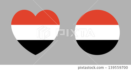 Yemen heart, round flag button, sticker. Set of Flag of Yemen banner, background in circle, heart shape. Yemen flag badge, icon. 139559700