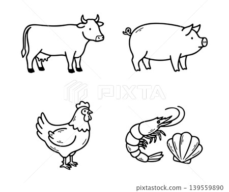 Beef, pork, chicken, and seafood line icon set Beef, pork, chicken, and seafood line icon set 139559890