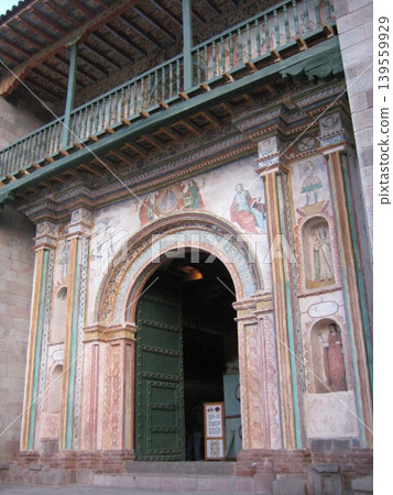 The Church of San Pedro in Andahuaylillas, with its facade adorned with murals. The Church of San Pedro in Andahuaylillas, with its facade adorned with murals. 139559929