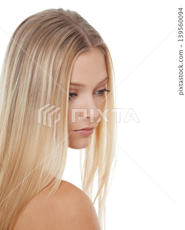 Woman, thinking and beauty with cosmetics in studio for hair care, keratin treatment and shampoo shine. Model, person and thoughtful with skincare, collagen texture and hairstyle on white background 139560094