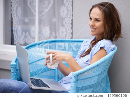 Woman, thinking and laptop for outdoor by house, porch and wellness with coffee break for freelancer. Person, smile and computer in chair for morning espresso, remote work and idea with technology 139560106