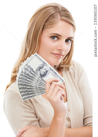 Woman, portrait and money fan in studio of dollars, finance and banking for financial freedom on white background. Wealthy winner with bills for lottery bonus, cash savings and investment of cashback Woman, portrait and money fan in studio of dollars, finance and banking for financial freedom on white background. Wealthy winner with bills for lottery bonus, cash savings and investment of cashback 139560107