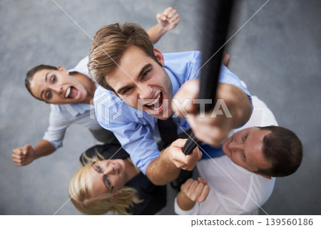 People, energy and corporate man climbing rope for target goals, career development or team building support. Top view, excited cheers and portrait of agent with hard work, determination and ambition 139560186