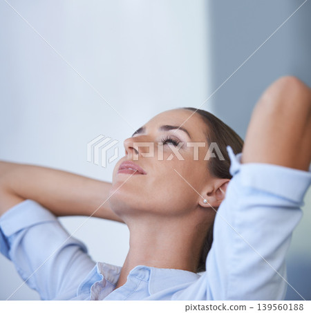 Woman, office and resting for work, thinking and hands on head for relaxing, satisfied and female person. Businesswoman, smiling and comfort with job, workplace and done with company projects Woman, office and resting for work, thinking and hands on head for relaxing, satisfied and female person. Businesswoman, smiling and comfort with job, workplace and done with company projects 139560188
