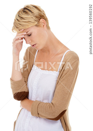 Frustrated woman, headache and mistake in depression, burnout or anxiety on a white studio background. Face of tired or fatigue young female person with migraine in mental health, stress or breakdown Frustrated woman, headache and mistake in depression, burnout or anxiety on a white studio background. Face of tired or fatigue young female person with migraine in mental health, stress or breakdown 139560192
