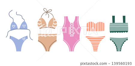 Set of womens swimsuits, flat style. Hand drawn swimsuits Set of womens swimsuits, flat style. Hand drawn swimsuits 139560193