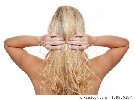 Rear view, woman and beauty in studio for hair care with keratin treatment, shampoo shine and mock up. Model, person and soft hairstyle, cosmetics and cosmetology at hairdresser on white background Rear view, woman and beauty in studio for hair care with keratin treatment, shampoo shine and mock up. Model, person and soft hairstyle, cosmetics and cosmetology at hairdresser on white background 139560197