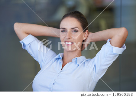 Woman, office and resting for work, portrait and hands on head for relaxing, satisfied and female person. Businesswoman, smiling and worker for job, workplace and finished with company projects Woman, office and resting for work, portrait and hands on head for relaxing, satisfied and female person. Businesswoman, smiling and worker for job, workplace and finished with company projects 139560198
