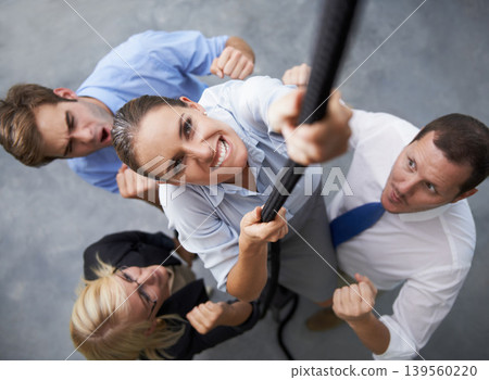 Business, people or woman climbing rope for career ambition, job progress or team building collaboration. Motivation, top view and worker with determination, support and drive for service commitment 139560220