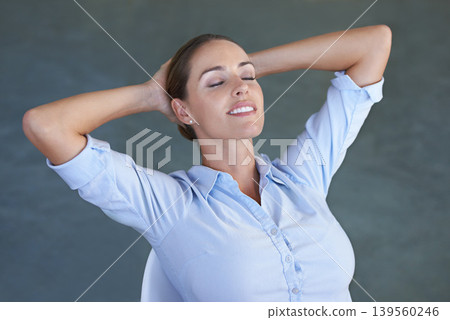 Employee, office and resting for work, eyes closed and hands on head for relaxing, satisfied and female person. Woman, smiling and done with job, workplace and finished with company task and on break Employee, office and resting for work, eyes closed and hands on head for relaxing, satisfied and female person. Woman, smiling and done with job, workplace and finished with company task and on break 139560246