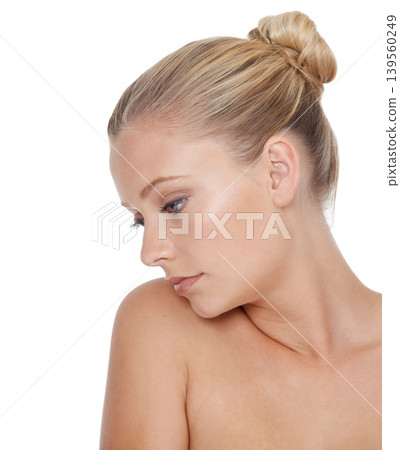 Woman, thinking and beauty with skincare in studio for glowing face, wellness and dermatology on mock up. Model, person or confidence with cosmetics, collagen or keratin treatment on white background Woman, thinking and beauty with skincare in studio for glowing face, wellness and dermatology on mock up. Model, person or confidence with cosmetics, collagen or keratin treatment on white background 139560249