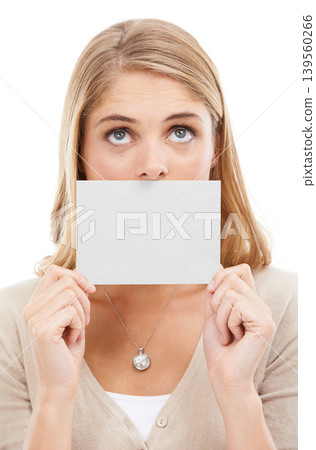 Thinking, face and woman with empty card, sign or poster for question in white background and mockup. Studio, space and person with a empty signage for information on choice, decision or cardboard Thinking, face and woman with empty card, sign or poster for question in white background and mockup. Studio, space and person with a empty signage for information on choice, decision or cardboard 139560266