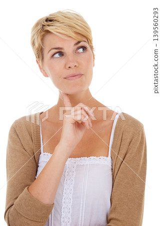 Happy woman, face and thinking for choice, decision or option isolated on a white studio background. Young female person, model or blonde in wonder or thought for idea, pick or selection on mockup Happy woman, face and thinking for choice, decision or option isolated on a white studio background. Young female person, model or blonde in wonder or thought for idea, pick or selection on mockup 139560293