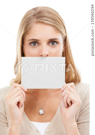 Woman, portrait and blank card with sign for poster mockup in white background and backdrop. Studio, space and person with an empty signage for information, news or cardboard paper with announcement Woman, portrait and blank card with sign for poster mockup in white background and backdrop. Studio, space and person with an empty signage for information, news or cardboard paper with announcement 139560294