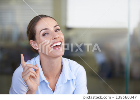 Professional, portrait and happy woman with idea, hand gesture and smile for agency development, plan and solution. Aha moment, decision and bank consultant with eureka symbol for business conclusion 139560347