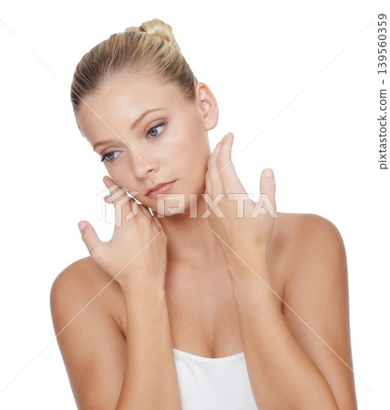 Woman, thinking and beauty with skincare in studio for glowing face, wellness and dermatology on mock up. Model, person or confidence with cosmetics, collagen or botox treatment on white background Woman, thinking and beauty with skincare in studio for glowing face, wellness and dermatology on mock up. Model, person or confidence with cosmetics, collagen or botox treatment on white background 139560359