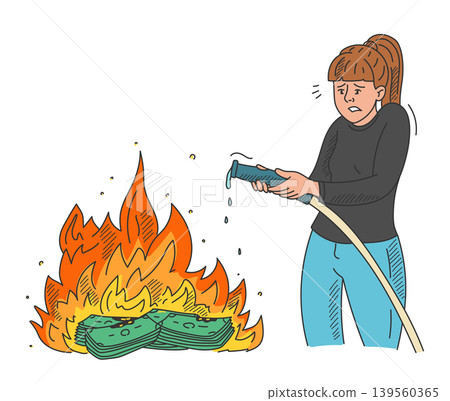 Woman trying to extinguish burning banknotes Woman trying to extinguish burning banknotes 139560365