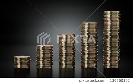 Growth chart made with golden coins - 3d illustration 139560392