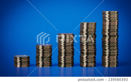 Growth chart made with golden coins - 3d illustration Growth chart made with golden coins - 3d illustration 139560393