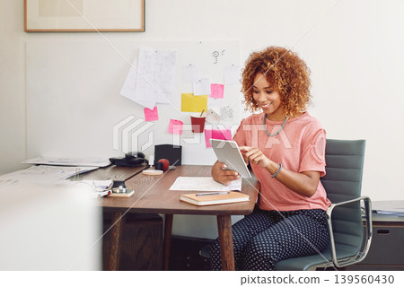 Happy woman, networking or designer with tablet for research or analysis online on website. Communication, email or person working on business update on internet or app with smile in startup office 139560430