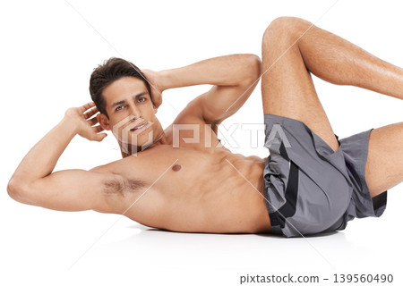 Man, portrait and sit ups for fitness in studio, core strength and challenge for muscle development. Male person, athlete and exercise for body health, shirtless and workout by white background Man, portrait and sit ups for fitness in studio, core strength and challenge for muscle development. Male person, athlete and exercise for body health, shirtless and workout by white background 139560490