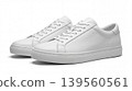 Pair of clean white leather sneakers with white laces on a white background white sole sneakers footwear athletic minimalist isolated clothing training everyday textured commercial 139560561