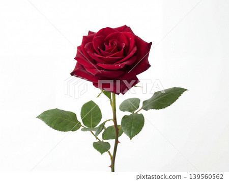 Single dark red rose with green leaves on a white background cut flower botanical fragrant isolated valentines anniversary birthday occasion elegance delicate beautiful composition 139560562