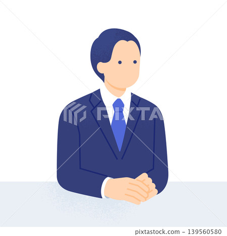 Vector illustration of a male businessman in a suit, upper body, listening to an interview or discussion. Vector illustration of a male businessman in a suit, upper body, listening to an interview or discussion. 139560580