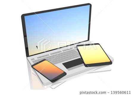 Laptop, tablet and smartphone with sky on screens isolated on white background - 3D illustration Laptop, tablet and smartphone with sky on screens isolated on white background - 3D illustration 139560611