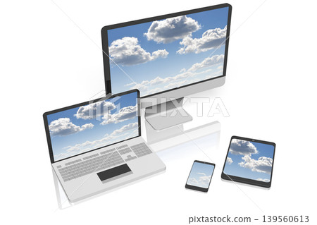 Computer monitor, laptop, tablet and smartphone with sky on screens isolated on white background Computer monitor, laptop, tablet and smartphone with sky on screens isolated on white background 139560613