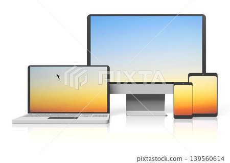 Monitor, laptop, tablet and smartphone with sky on screens isolated on white background - 3D illustration Monitor, laptop, tablet and smartphone with sky on screens isolated on white background - 3D illustration 139560614