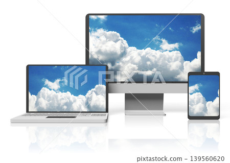 Computer monitor, laptop and tablet with sky on screens isolated on white background Computer monitor, laptop and tablet with sky on screens isolated on white background 139560620