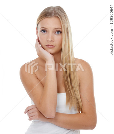 Woman, portrait and beauty for cosmetics, makeup or skincare on a white studio background. Face of attractive female person or long hair model in satisfaction for facial treatment on mockup space Woman, portrait and beauty for cosmetics, makeup or skincare on a white studio background. Face of attractive female person or long hair model in satisfaction for facial treatment on mockup space 139560644