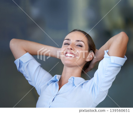 Businesswoman, office and resting for work, portrait and hands on head for relaxing, satisfied and female person. Woman, smiling and comfort for job, workplace and finished with company tasks Businesswoman, office and resting for work, portrait and hands on head for relaxing, satisfied and female person. Woman, smiling and comfort for job, workplace and finished with company tasks 139560651