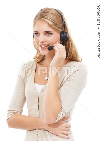 Woman, call center and communication in studio for customer service, CRM questions or help for IT support on white background. Telemarketing agent, consultant or microphone for FAQ, advice or contact 139560656