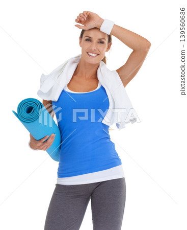 Yoga mat, sports and portrait of woman in studio for health, body or pilates workout. Fitness, towel and happy young female person with equipment for exercise or training isolated by white background Yoga mat, sports and portrait of woman in studio for health, body or pilates workout. Fitness, towel and happy young female person with equipment for exercise or training isolated by white background 139560686