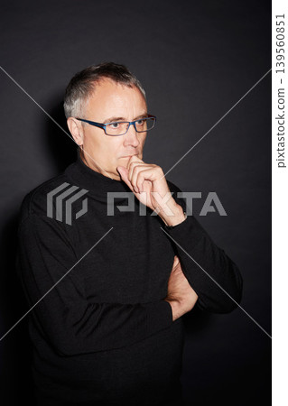 Senior man, thinking and ideas with decision, choice and confident guy on a dark studio background. Mature person, mockup space and model with glasses, wonder and thoughts with planning or retirement Senior man, thinking and ideas with decision, choice and confident guy on a dark studio background. Mature person, mockup space and model with glasses, wonder and thoughts with planning or retirement 139560851