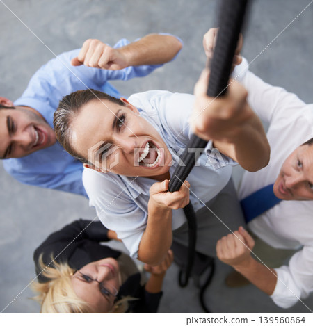 Business people, face and woman climbing rope with effort, motivation and support cheers for employee progress development. Energy, top view and person scream with determination, power and commitment 139560864