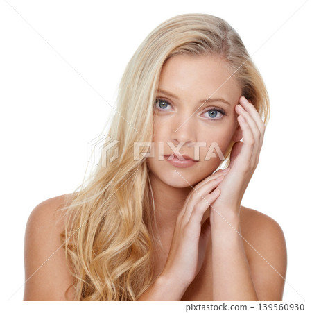 Woman, portrait and beauty with cosmetics in studio for glowing face, wellness and dermatology on mock up. Model, person or confidence with skincare, collagen or keratin treatment on white background Woman, portrait and beauty with cosmetics in studio for glowing face, wellness and dermatology on mock up. Model, person or confidence with skincare, collagen or keratin treatment on white background 139560930