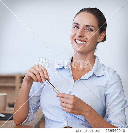 Portrait of happy business woman in office with pen, confidence and administration career. Smile on face, pride and professional consulting manager at investment agency with startup job opportunity Portrait of happy business woman in office with pen, confidence and administration career. Smile on face, pride and professional consulting manager at investment agency with startup job opportunity 139560940