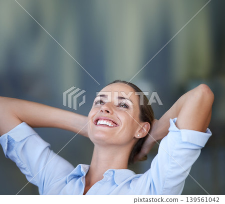 Woman, office and resting for work, happy and hands on head for relaxing, satisfied and thinking female person. Businesswoman, break and done with job, workplace and finished with company tasks Woman, office and resting for work, happy and hands on head for relaxing, satisfied and thinking female person. Businesswoman, break and done with job, workplace and finished with company tasks 139561042